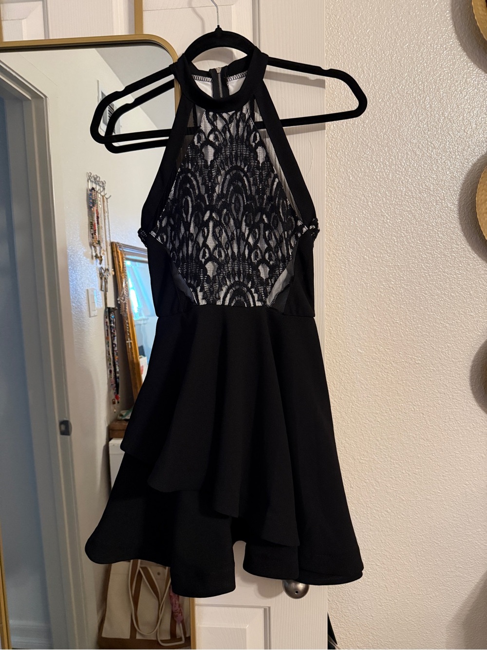 Black Lace Halter Mini Dress with Tiered Skirt